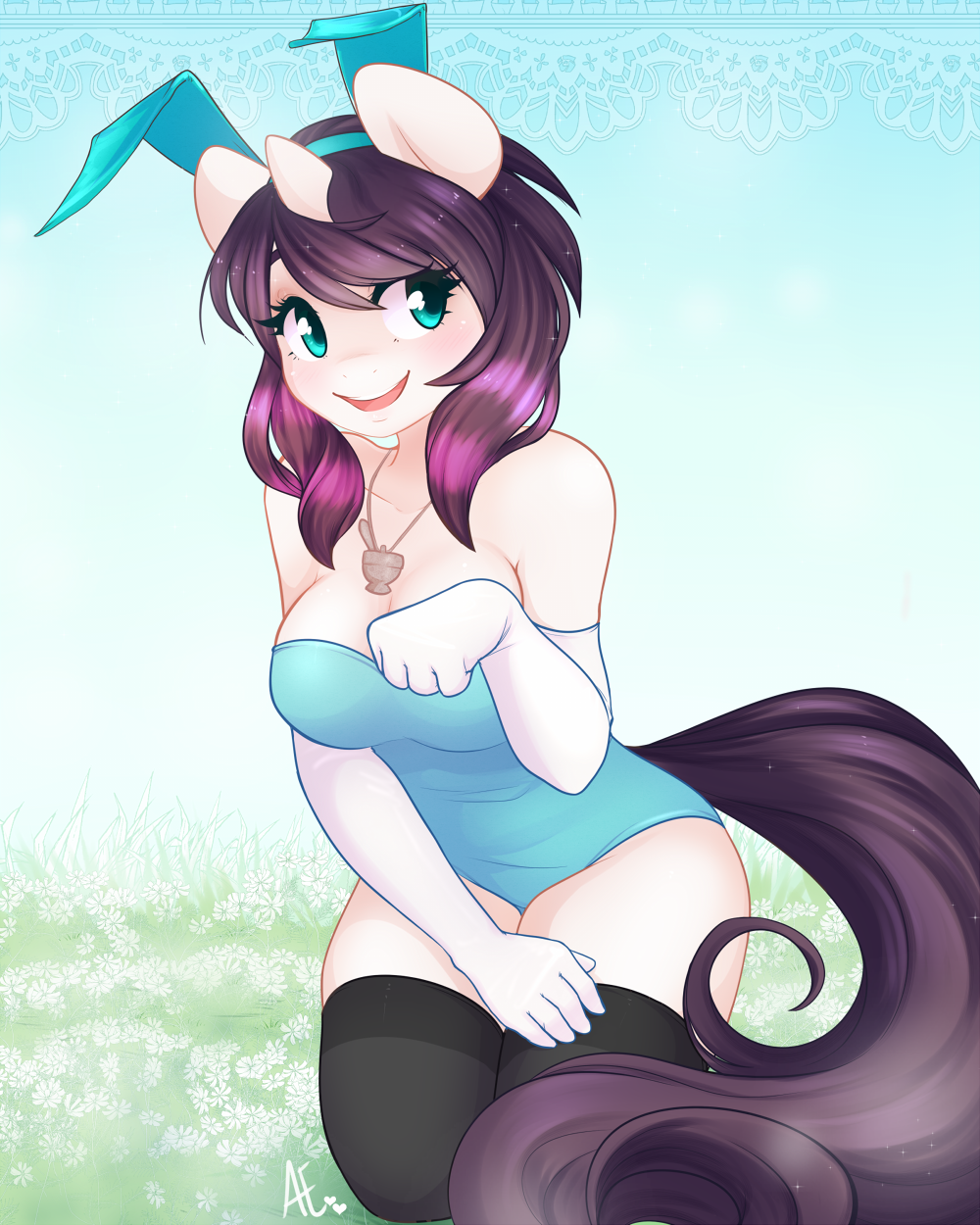 blue_eyes blush breasts cleavage clothed clothing elbow_gloves equine female gloves hair horn horse kneeling legwear long_hair mammal necklace open_mouth pony purple_hair shirt smile solo spittfire stockings thighs unicorn