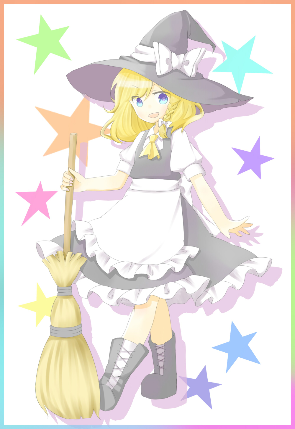 apron ascot bad_id bad_pixiv_id black_footwear black_hat blonde_hair blue_eyes boots bow braid dress ellipsis_(mitei) fingernails frilled_skirt frills full_body hair_bow hat hat_bow highres holding kirisame_marisa legs looking_at_viewer open_mouth shoes short_hair short_sleeves side_braid simple_background skirt solo star touhou waist_apron white_bow witch witch_hat