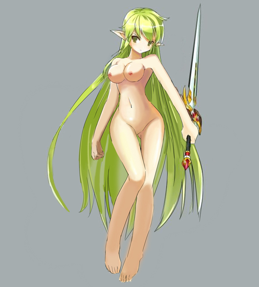 1girl breasts elf elsword nipple nipples nude photoshop pointy_ears pose reedited rena_(elsword) solo sword trapping_ranger_(elsword) warrior weapon