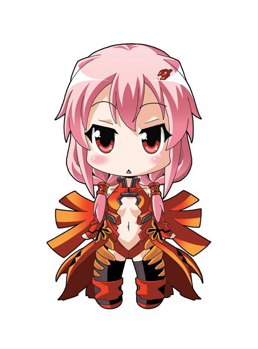 bare_shoulders black_legwear blush breasts center_opening chibi cleavage detached_sleeves elbow_gloves fingerless_gloves gloves guilty_crown hair_ornament hairclip long_hair looking_at_viewer navel open_mouth papala pink_hair red_eyes small_breasts solo thighhighs twintails yuzuriha_inori