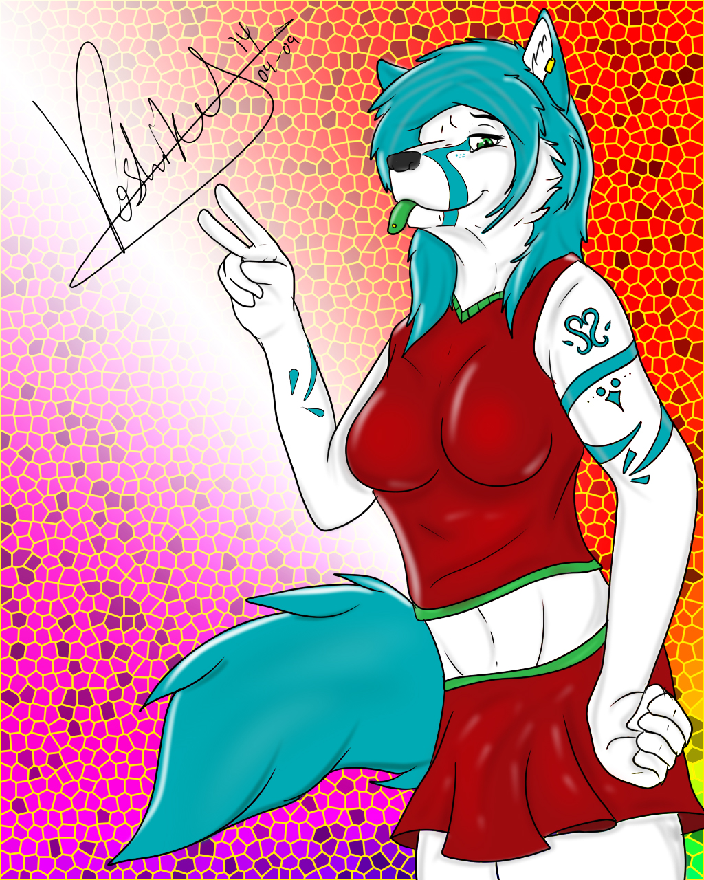 anthro breasts canine female happy looking_at_viewer mammal piercing pose skirt smile solo tattoo tongue voshiket wolf