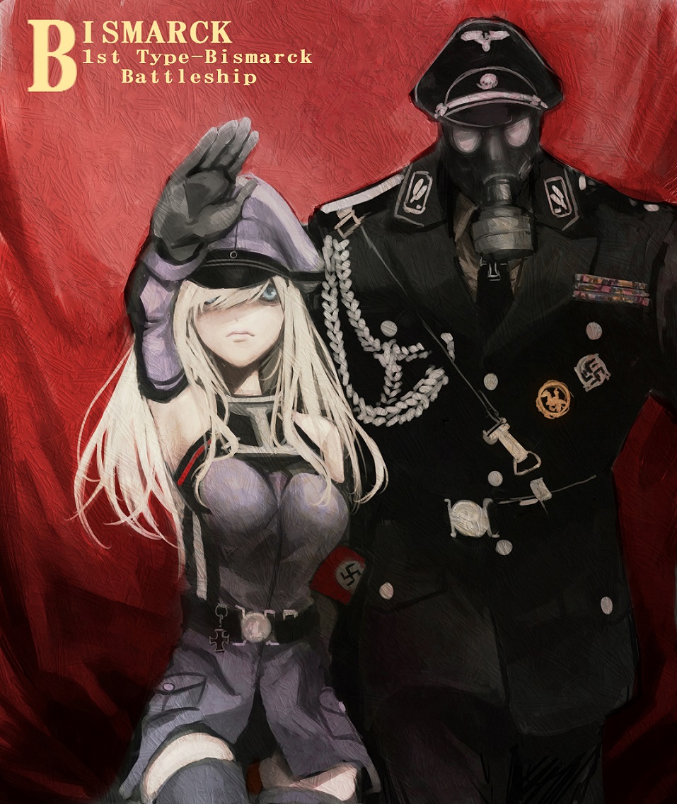 armband bad_id bad_pixiv_id bismarck_(kantai_collection) blonde_hair breasts character_name detached_sleeves gas_mask gloves hat iron_cross kantai_collection koh_(minagi_kou) long_hair medium_breasts military military_hat military_uniform nazi peaked_cap reichsadler ribbon_stack salute straight-arm_salute swastika thighhighs uniform waffen-ss