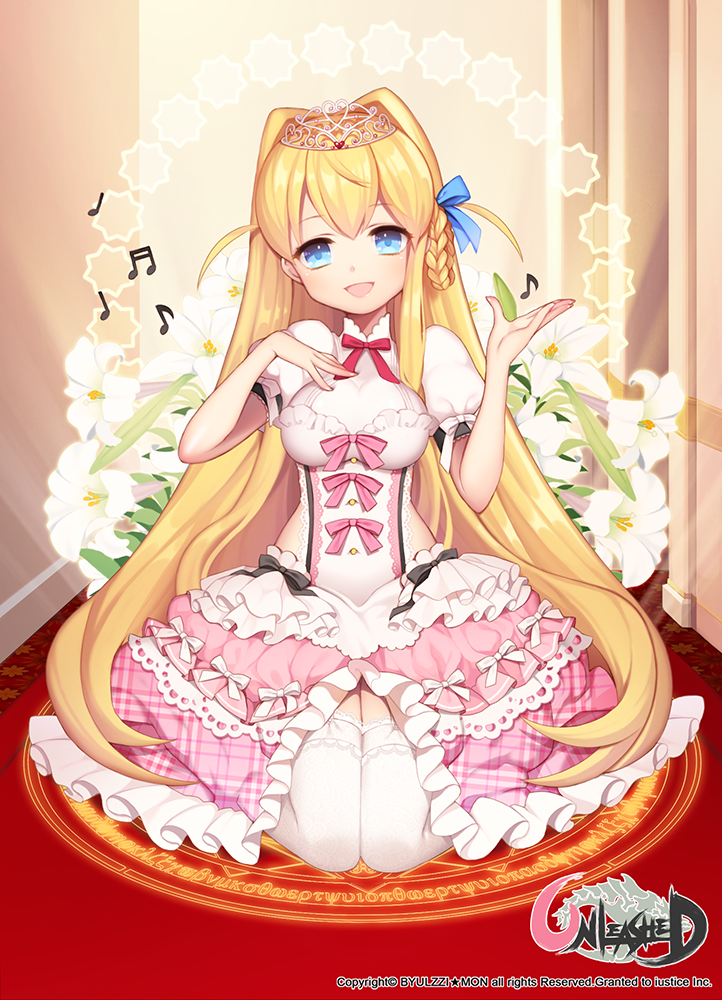 :d bad_id bad_pixiv_id beamed_sixteenth_notes blonde_hair blue_eyes bow braid breasts byulzzimon dress eighth_note flower frills greek hair_bow hand_on_own_chest long_hair magic_circle medium_breasts musical_note open_mouth quarter_note smile solo thighhighs tiara unleashed white_legwear