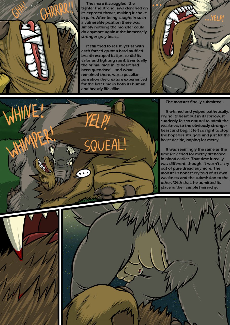 2014 anthro balls canine chubby comic dialog domination english_text fangs fur gay male mammal muscles penis raus text were werewolf wolf