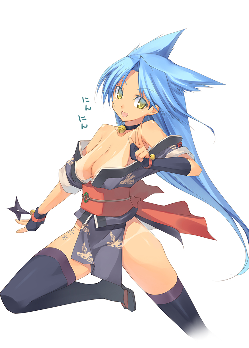 bare_shoulders bell bell_choker black_legwear blue_hair breasts choker cleavage elbow_gloves fingerless_gloves gloves holding japanese_clothes jingle_bell large_breasts long_hair looking_at_viewer mismatched_gloves off_shoulder open_mouth rance_(series) sengoku_rance shingo_(missing_link) shuriken simple_background single_elbow_glove smile solo standing standing_on_one_leg suzume_(rance) tan tanline thighhighs translated white_background yellow_eyes