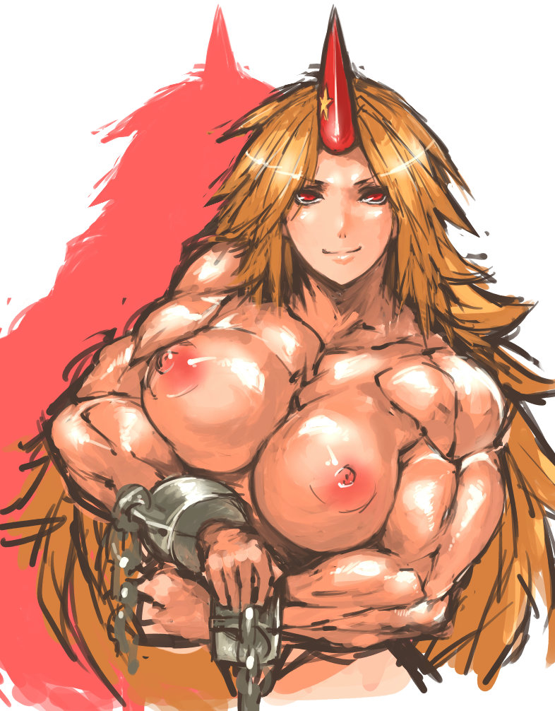 areolae blonde_hair breasts cuffs horn hoshiguma_yuugi large_areolae large_breasts lips long_hair messy_hair muscle muscular_female nameo_(judgemasterkou) nipples nude red_eyes shackles smile solo touhou upper_body