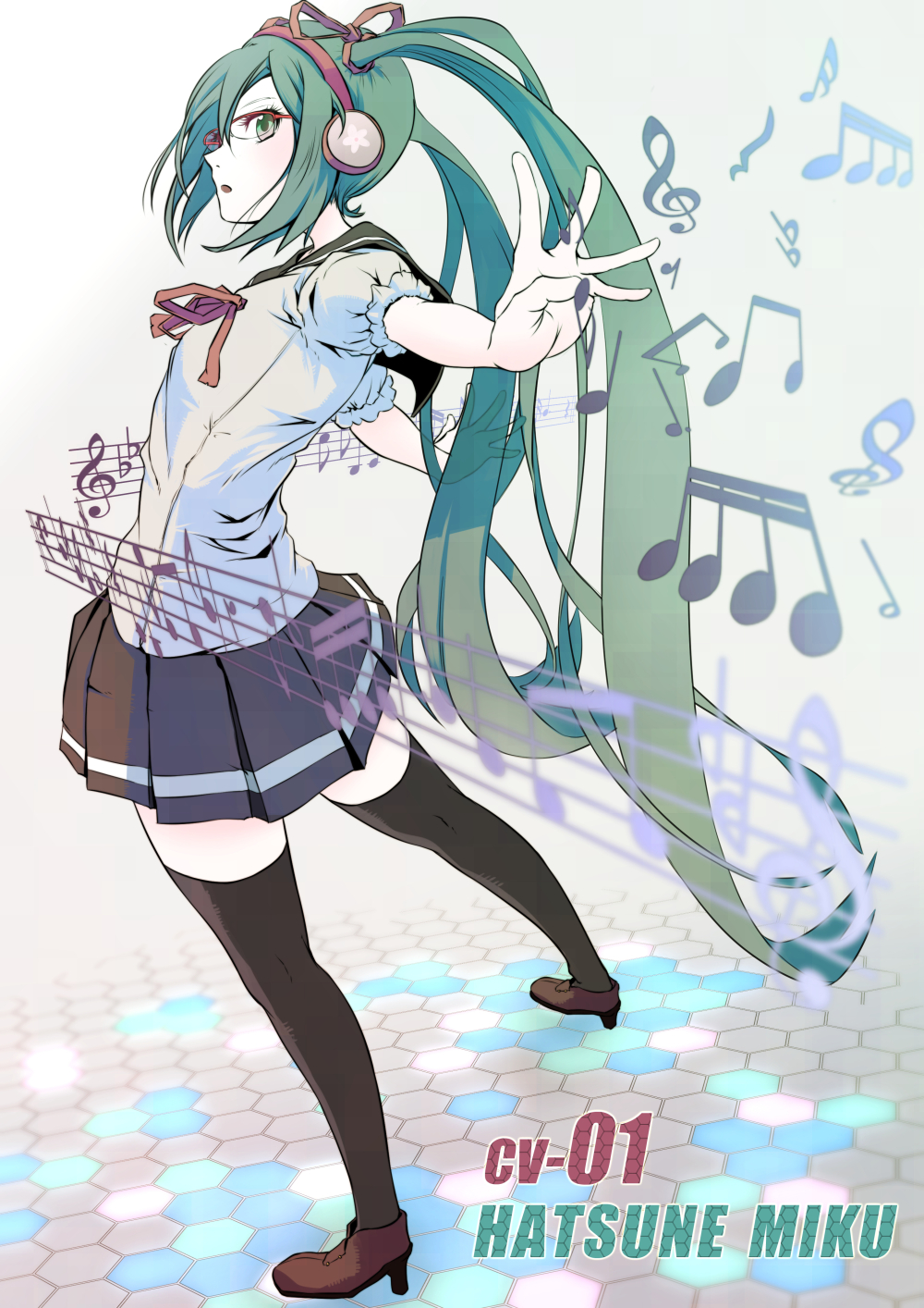 bass_clef beamed_eighth_notes beamed_sixteenth_notes bespectacled character_name dotted_quarter_note eighth_note eighth_rest flat_sign glasses green_eyes green_hair hair_ribbon half_note hatsune_miku headphones highres long_hair mojake musical_note outstretched_arms quarter_note quarter_rest ribbon sharp_sign sixteenth_note skirt solo spread_arms staff_(music) thighhighs treble_clef twintails very_long_hair vocaloid