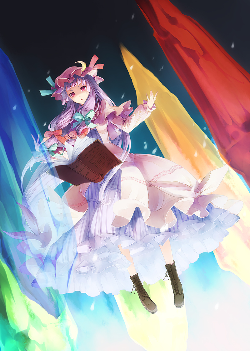 bare_legs book boots bow crescent hair_bow hat long_hair looking_at_viewer patchouli_knowledge purple_eyes purple_hair shingo_(missing_link) solo touhou
