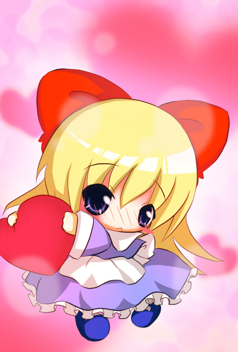 :&lt; blonde_hair blue_eyes blush blush_stickers bow chibi hair_bow heart long_hair pink_background ritateo shanghai_doll touhou