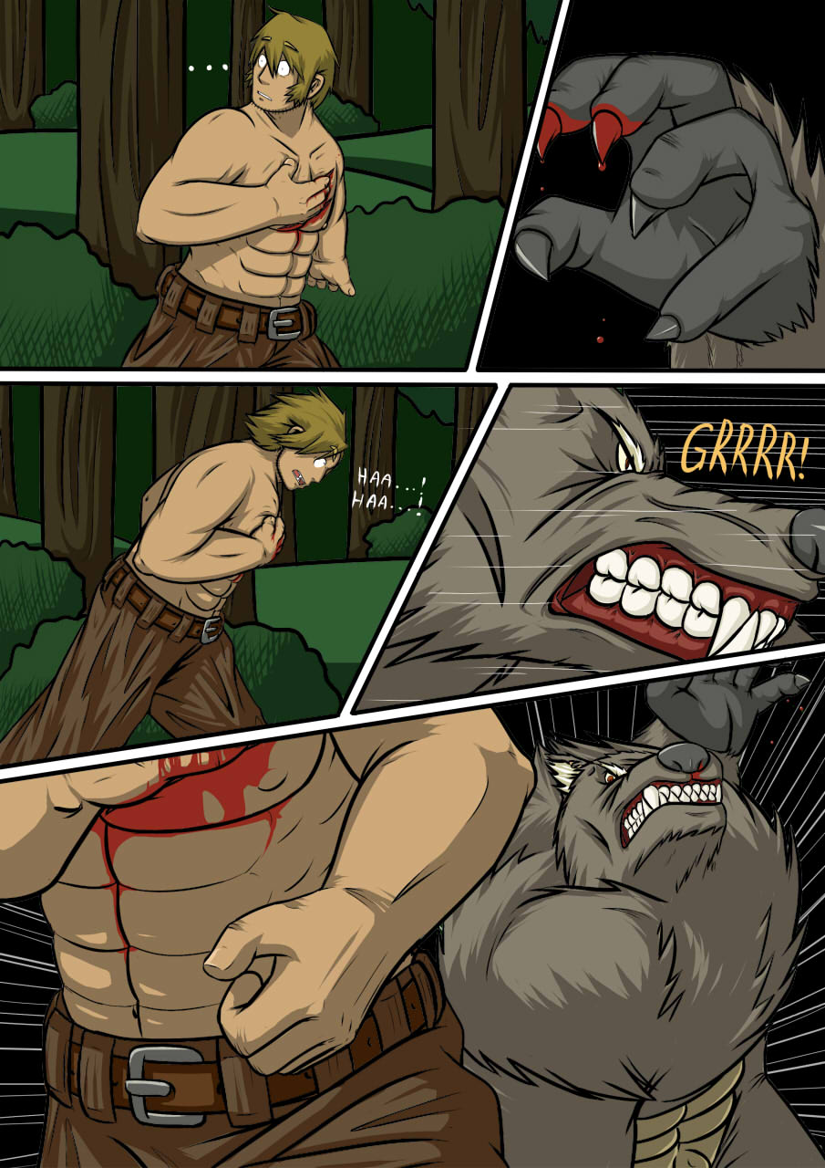 2013 anthro battle blood canine comic dialog english_text fangs fur human male mammal muscles raus text were werewolf