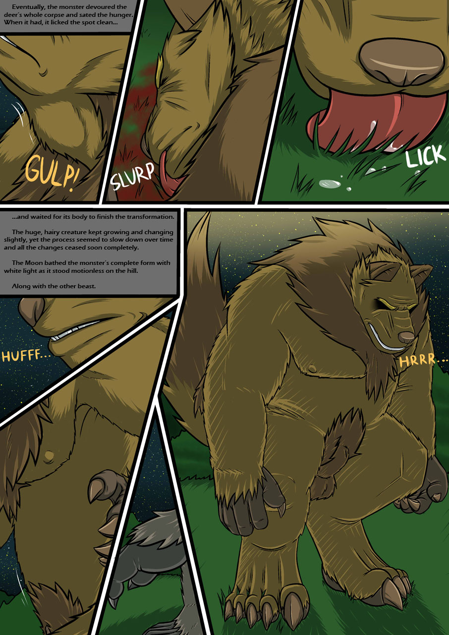 2014 anthro canine chubby comic dialog english_text fangs fur growth lunch male mammal moon muscles penis raus text transformation were werewolf wolf