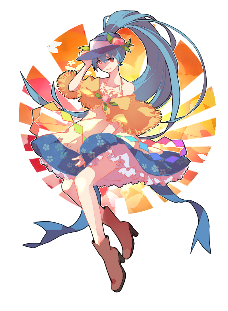 adapted_costume alternate_hairstyle bad_id bad_pixiv_id bare_shoulders blue_hair boots dress dryades food fruit hat hinanawi_tenshi long_hair peach ponytail red_eyes smile solo touhou very_long_hair