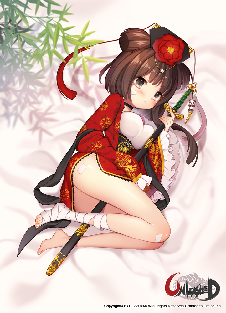 :&lt; bad_id bad_pixiv_id bandages bandaid barefoot black_eyes breasts brown_hair byulzzimon china_dress chinese chinese_clothes dress flower keychain legs long_legs long_sleeves lying medium_breasts on_side panda plant shadow sheath sheathed short_hair solo sword thighs unleashed weapon