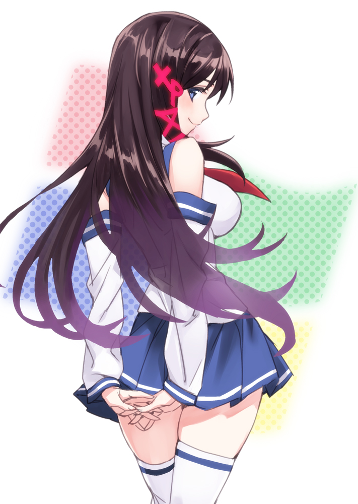 arms_behind_back black_hair blue_eyes breasts commentary detached_sleeves fading hair_ornament large_breasts long_hair looking_at_viewer looking_back matsuryuu os-tan profile skirt solo thighhighs white_legwear x_hair_ornament xp-tan zettai_ryouiki