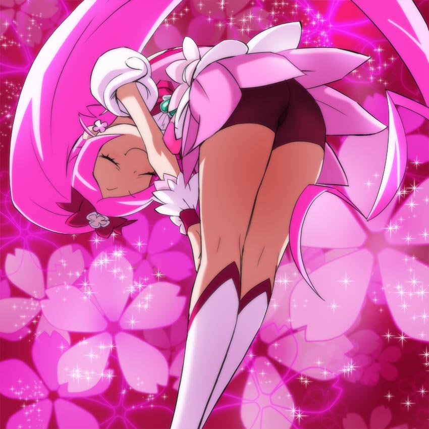 bent_over bike_shorts boots bow cherry_blossoms closed_eyes cure_blossom doyagao earrings floral_background flower_(symbol) from_behind hair_bow hair_ornament hanasaki_tsubomi haruyama_kazunori heartcatch_precure! jewelry kneepits legs light_particles long_hair miniskirt pink pink_background pink_hair ponytail precure puffy_sleeves skirt smile solo very_long_hair wristband