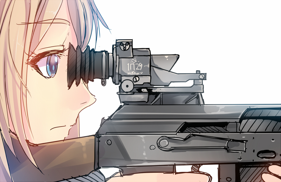 assault_rifle blonde_hair blue_eyes daito gun original rifle scope short_hair solo weapon