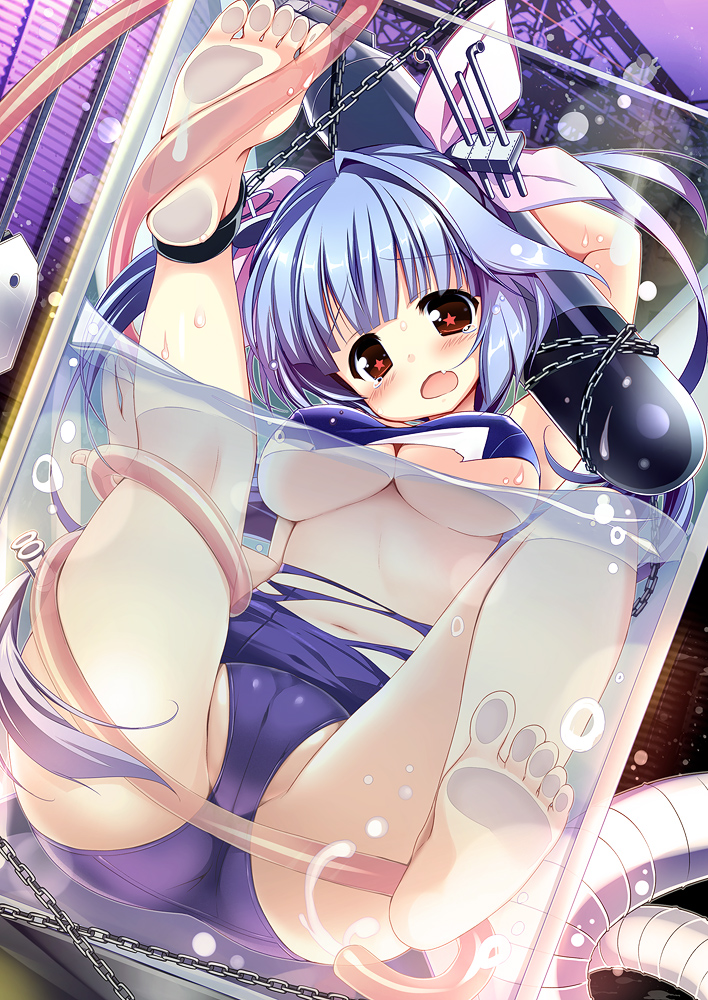 against_glass barefoot bdsm blue_hair blush bondage bound breasts chain fang feet hair_ornament hair_ribbon hose i-19_(kantai_collection) kantai_collection large_breasts long_hair nagayama_yuunon one-piece_swimsuit open_mouth red_eyes ribbon school_swimsuit soles solo star star-shaped_pupils swimsuit symbol-shaped_pupils toes torn_clothes torn_swimsuit torpedo twintails water