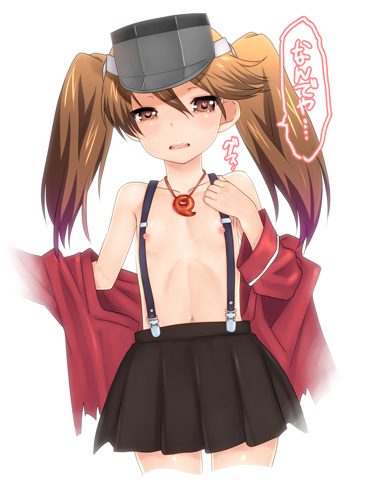 blush brown_eyes brown_hair flat_chest heart heart-shaped_pupils kantai_collection long_hair looking_at_viewer magatama nipples okina_ika open_clothes open_mouth open_shirt ryuujou_(kantai_collection) shirt skirt solo suspenders symbol-shaped_pupils tears translated twintails visor_cap