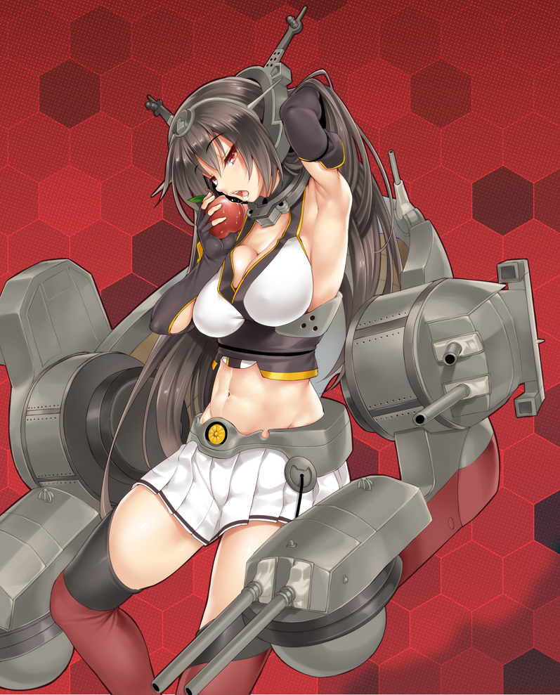 abs apple armpits black_hair blush breasts cannon elbow_gloves fingerless_gloves food fruit gloves hair_ornament hairband headgear kantai_collection kure_masahiro large_breasts long_hair nagato_(kantai_collection) navel open_mouth red_background red_eyes skirt solo thighhighs