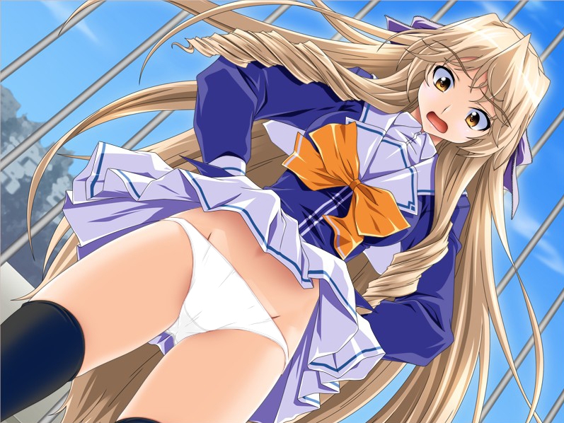 black_legwear blonde_hair character_request drill_hair groin hands_on_hips long_hair long_sleeves looking_down skirt solo thighhighs upskirt very_long_hair wavy_mouth yellow_eyes