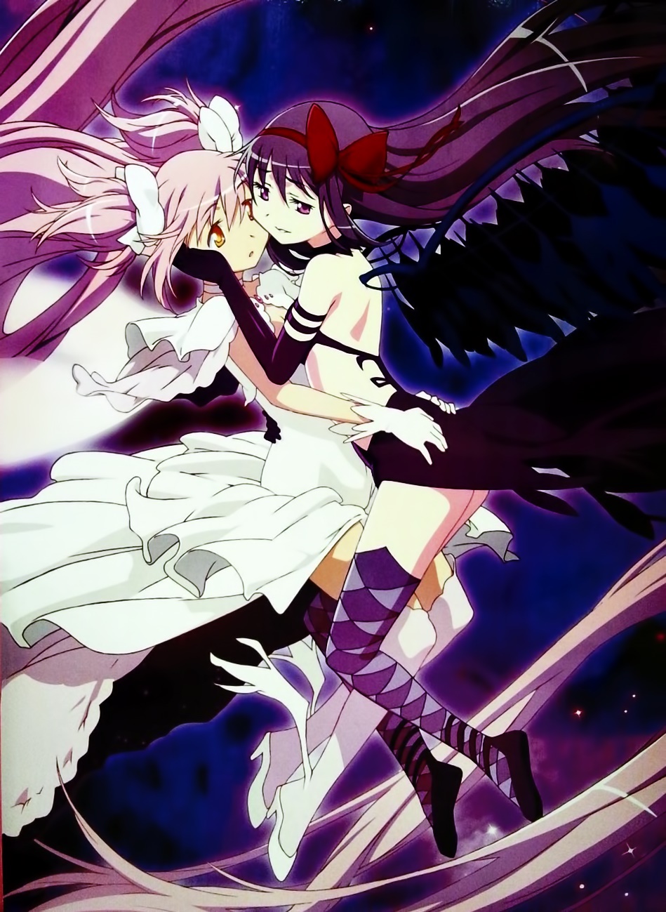:o akemi_homura akuma_homura artist_request bare_back black_gloves bow breasts choker elbow_gloves gloves hair_bow hairband hand_on_another's_cheek hand_on_another's_face highres hug kaname_madoka long_hair looking_at_another mahou_shoujo_madoka_magica mahou_shoujo_madoka_magica_movie multiple_girls official_art orange_eyes pink_hair purple_eyes purple_hair ribbon small_breasts spoilers thighhighs two_side_up ultimate_madoka very_long_hair white_gloves wings yuri