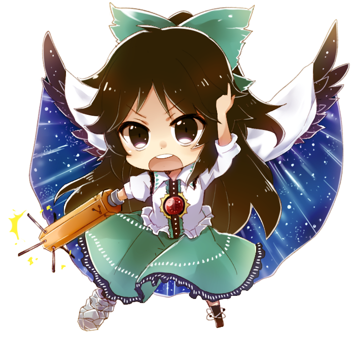arm_cannon black_wings bow brown_eyes brown_hair cape chibi hair_bow long_hair pointing pointing_up reiuji_utsuho simple_background six_(fnrptal1010) skirt solo space star_(sky) third_eye touhou weapon white_background wings