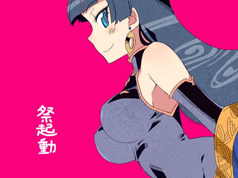 bare_shoulders blue_eyes blue_hair breasts earrings jewelry kusanagi_tonbo large_breasts looking_at_viewer original smile solo translation_request