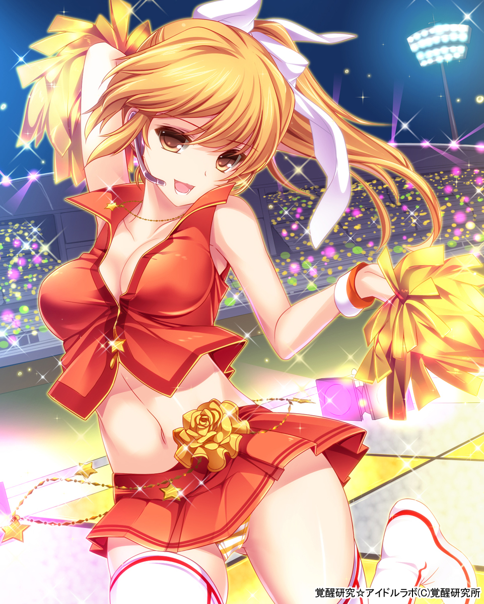 arm_up blonde_hair blush breasts cheerleader cleavage crop_top crop_top_overhang hair_ribbon headset highres jewelry large_breasts long_hair looking_at_viewer midriff moneti_(daifuku) navel necklace open_mouth original panties pantyshot pom_poms ponytail ribbon shiny shiny_skin skindentation skirt solo star striped striped_panties thighhighs underwear white_legwear wristband