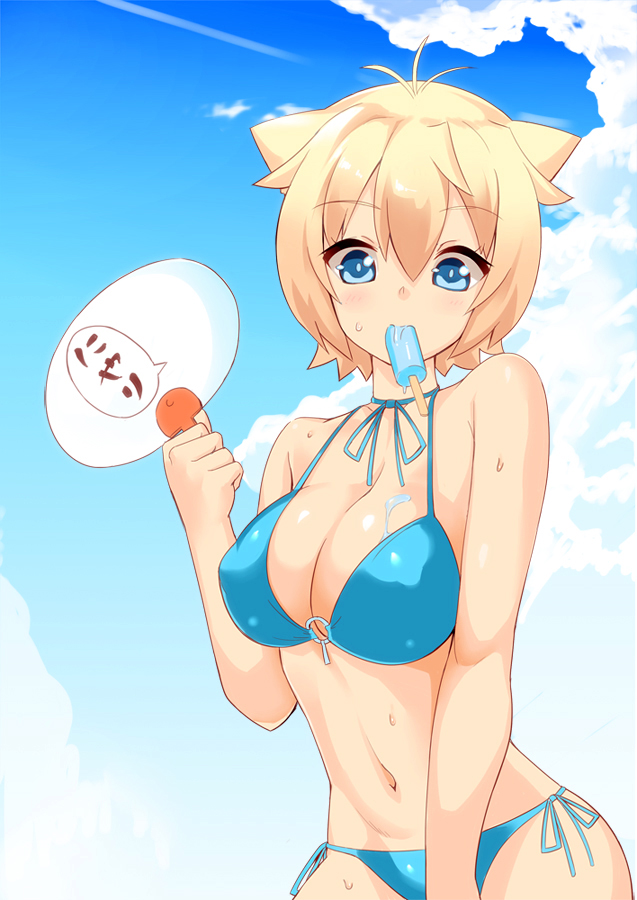 animal_ears bikini blonde_hair blue_bikini blue_eyes blush breasts cat_ears cleavage cloud day fan food gj-bu kirara_bernstein large_breasts looking_at_viewer mokko_(kamiko!) mouth_hold navel o-ring o-ring_top paper_fan popsicle short_hair side-tie_bikini sky solo sweat swimsuit uchiwa