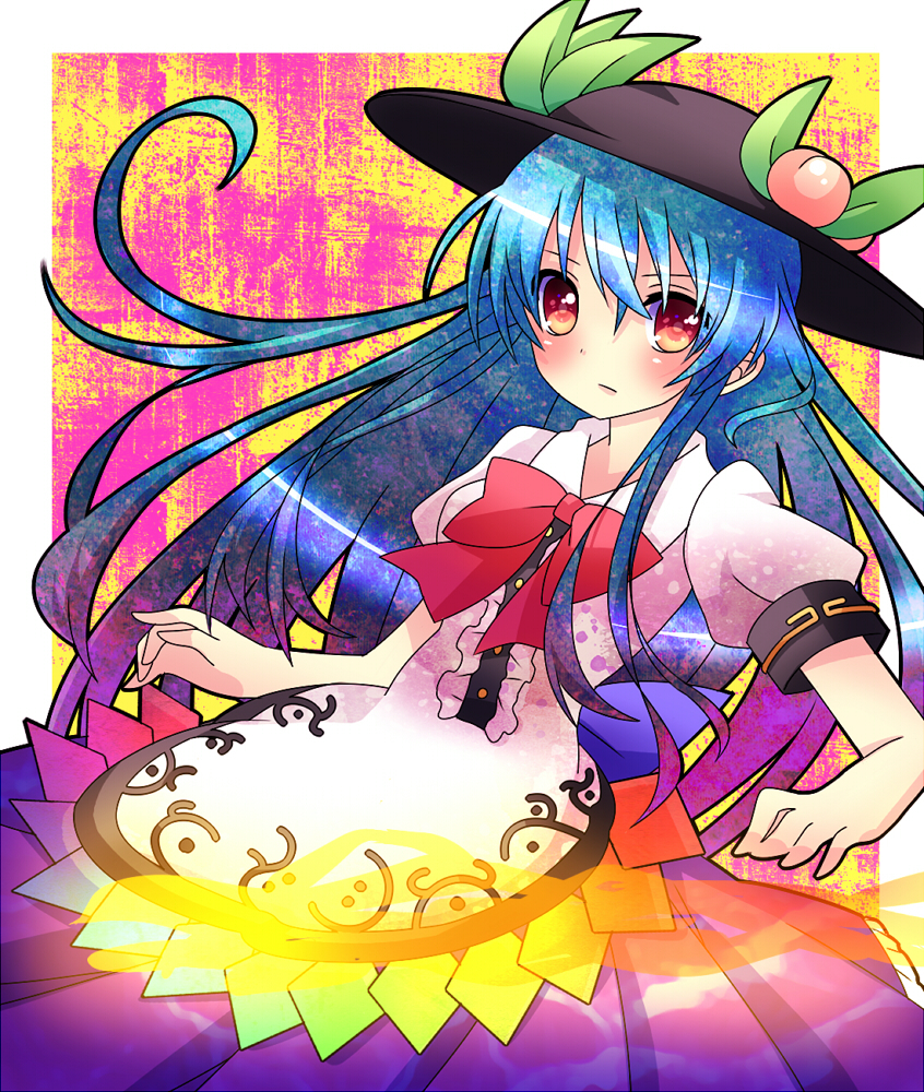 bad_id bad_pixiv_id black_hat blue_hair blue_skirt bow food frown fruit hat hinanawi_tenshi long_hair looking_at_viewer oruga_(oruoruga) peach red_bow red_eyes shirt short_sleeves simple_background skirt solo touhou white_shirt