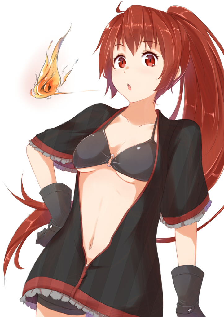 bad_id bad_pixiv_id bike_shorts blowing blush breasts fire gloves hand_on_hip long_hair looking_at_viewer medium_breasts o-ring o-ring_top open_clothes open_mouth open_shirt original ponytail red_eyes red_hair shirt shorts solo yuuzuki_(re'ef)