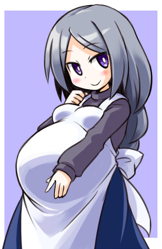apron blush bright_pupils commentary_request hand_on_own_stomach kugelschreiber long_hair original pregnant purple_eyes purple_hair smile solo