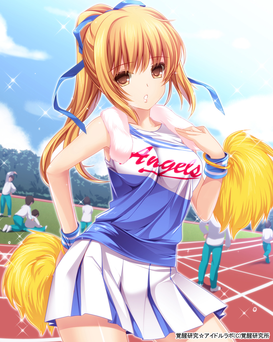 blonde_hair breasts brown_eyes cheerleader contrapposto hair_ribbon highres large_breasts long_hair looking_at_viewer moneti_(daifuku) original pleated_skirt pom_poms ponytail ribbon skirt solo_focus sparkle standing