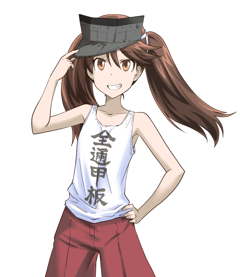 bare_shoulders brown_eyes brown_hair clothes_writing grin hand_on_hip iwatobi_hiro kantai_collection long_hair looking_at_viewer ryuujou_(kantai_collection) smile solo tank_top translated twintails visor_cap