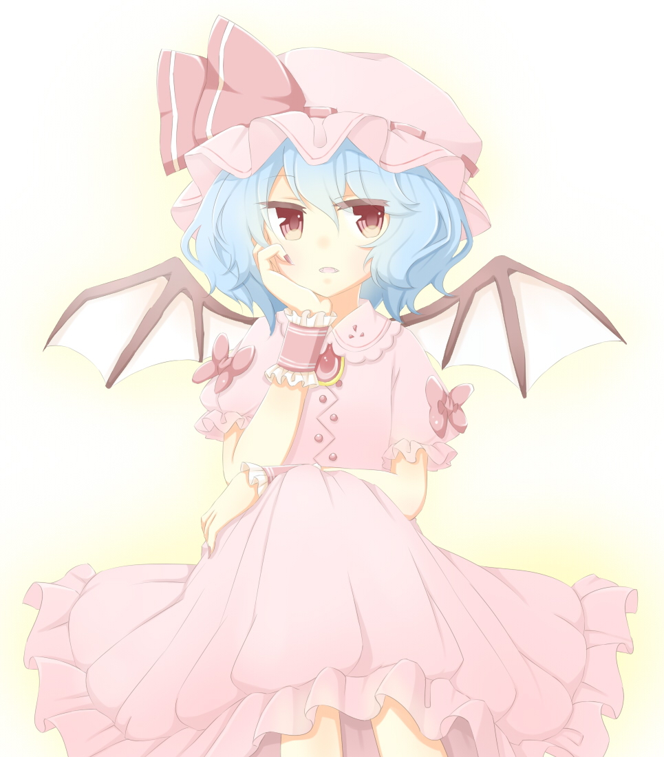 bad_id bad_pixiv_id bat_wings blue_hair bow dress ellipsis_(mitei) fangs fingernails looking_at_viewer open_mouth red_eyes remilia_scarlet ribbon short_hair short_sleeves sitting solo touhou wings