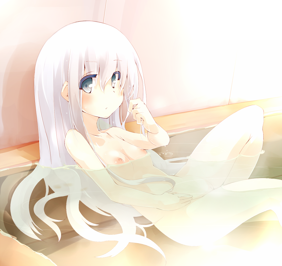 afloat aqua_eyes bath bathing bathtub breasts collarbone floating_hair from_side groin hibiki_(kantai_collection) indoors kantai_collection leaning_back long_hair looking_at_viewer nijou_katame nipples nude outstretched_leg partially_submerged reclining silver_hair sitting small_breasts solo sunlight very_long_hair water