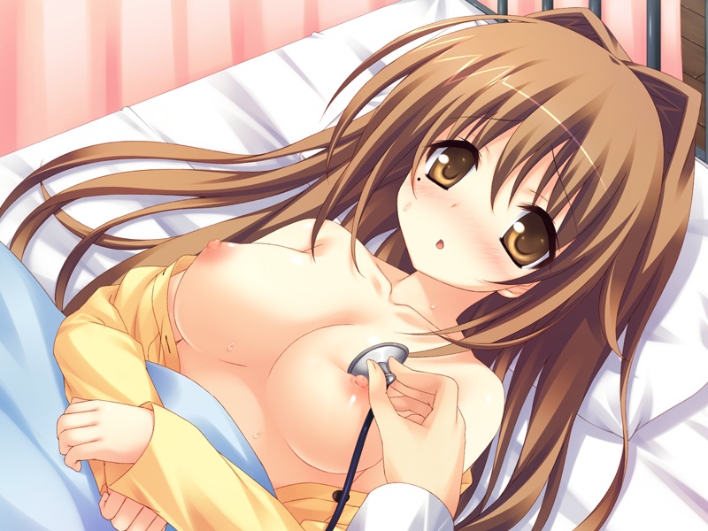 1girl 2-g :o bed blush breasts brown_eyes brown_hair game_cg large_breasts long_hair looking_at_viewer lying mole mole_under_eye nakahira_utaha nipples no_bra off_shoulder on_back on_bed open_clothes open_shirt parted_lips pov shirt stethoscope sweat toranosuke zettai_zecchou_seiki_no_dai-hatsumei!!