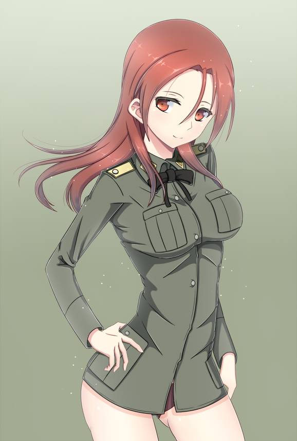 hand_on_hip long_hair military military_uniform minna-dietlinde_wilcke nmaoh no_pants panties red_eyes red_hair ribbon smile solo strike_witches underwear uniform world_witches_series