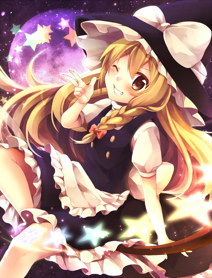 apron bad_id bad_pixiv_id blonde_hair bow braid broom broom_riding dress frilled_hat frills full_moon grin hair_bow hat k----s kirisame_marisa long_hair looking_at_viewer moon one_eye_closed ribbon short_sleeves smile solo star touhou v witch_hat yellow_eyes yunohito