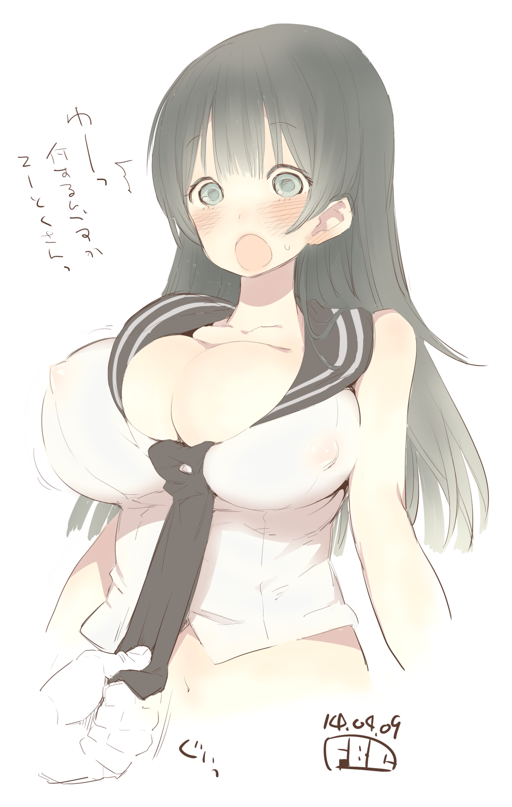 :o agano_(kantai_collection) black_eyes black_hair blush breasts cleavage covered_nipples dated fbc highres huge_breasts kantai_collection long_hair looking_down navel see-through signature solo sweatdrop translation_request transparent_background