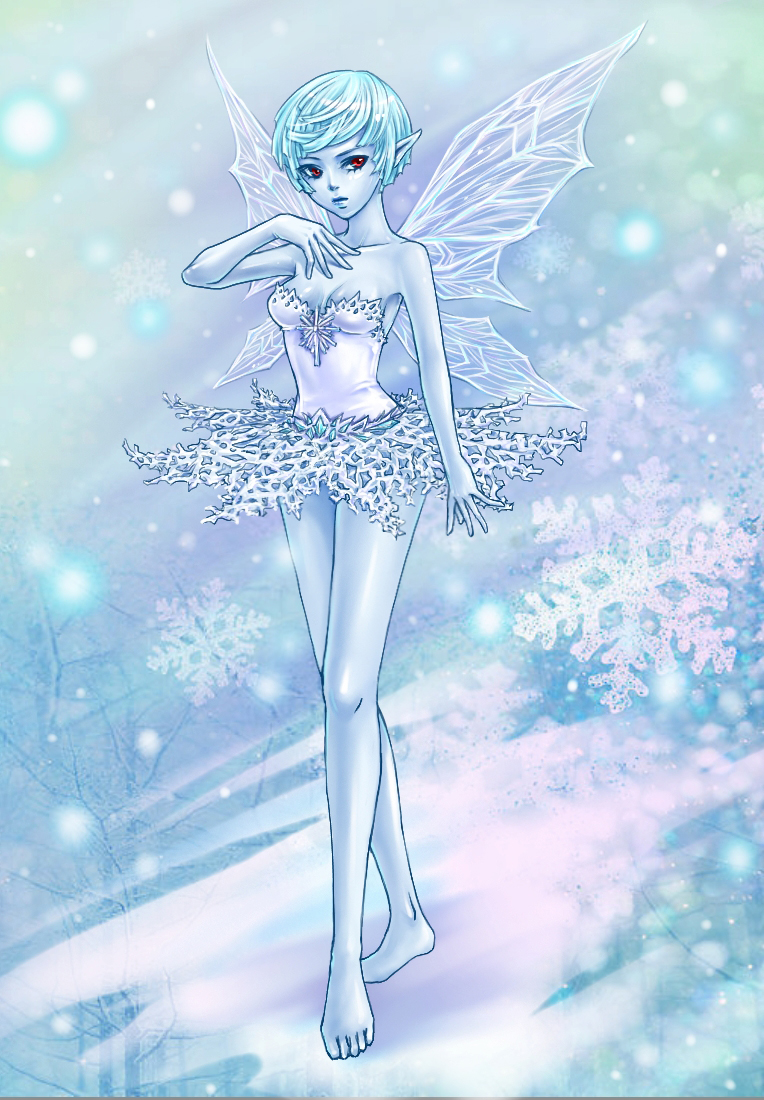 1girl blue_hair blue_skin breasts cleavage fairy fairy_wings monster_girl pointy_ears red_eyes redbean0109 short_hair snow solo wings winter