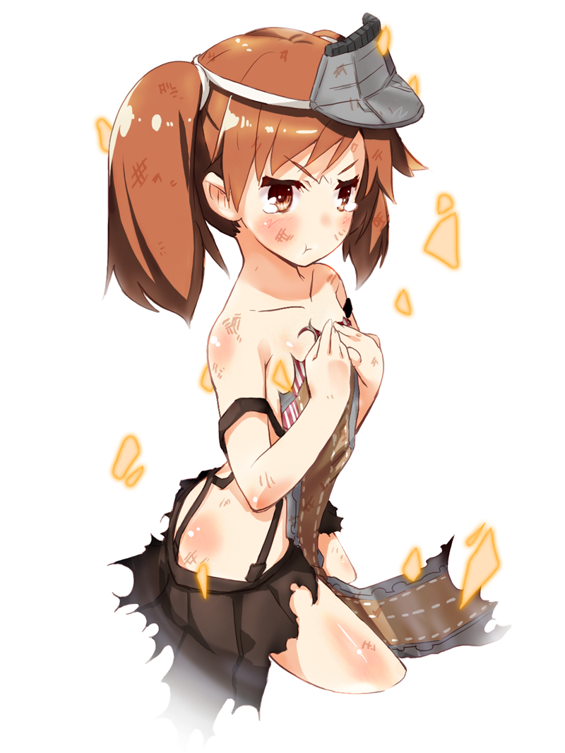 :t bare_shoulders brown_eyes brown_hair kantai_collection long_hair off_shoulder pout ryuujou_(kantai_collection) scroll shina_mama skirt solo suspenders tears torn_clothes torn_skirt twintails
