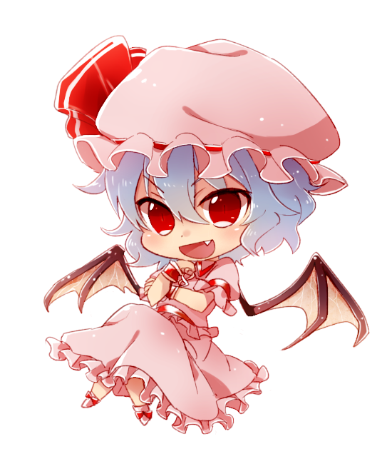 :d bat_wings blue_hair bow chibi chin_rest dress fang hat mob_cap open_mouth red_eyes remilia_scarlet short_hair simple_background six_(fnrptal1010) slit_pupils smile solo touhou v-shaped_eyebrows white_background wings