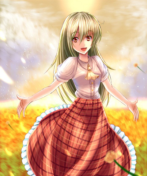 adapted_costume alternate_hair_color alternate_hair_length alternate_hairstyle ascot bad_id bad_pixiv_id blonde_hair blouse blurry cloud cloudy_sky depth_of_field field flower flower_field green_hair kazami_yuuka long_hair looking_at_viewer open_mouth plaid plaid_skirt red_eyes short_sleeves skirt sky solo touhou wendell