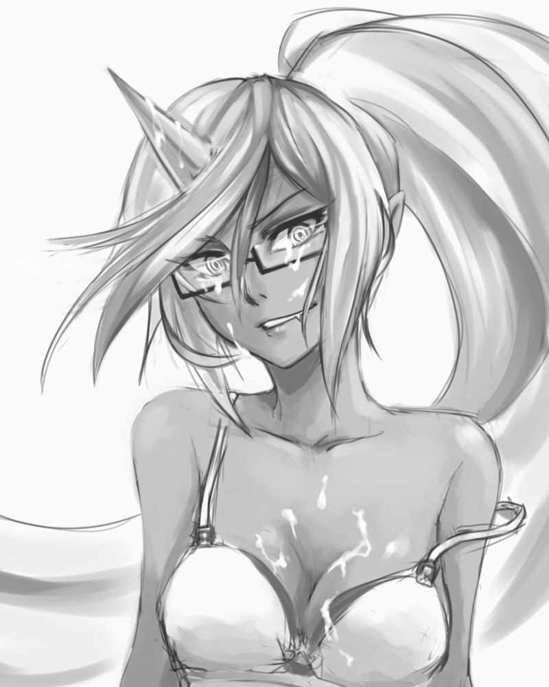 bra breasts cleavage cum cum_on_body cum_on_breasts cum_on_glasses cum_on_upper_body demon_girl face facial fang glasses greyscale grin horn kneesocks_(psg) lingerie long_hair medium_breasts monochrome panty_&amp;_stocking_with_garterbelt pas_(paxiti) pointy_ears ponytail ringed_eyes smile solo strap_slip underwear