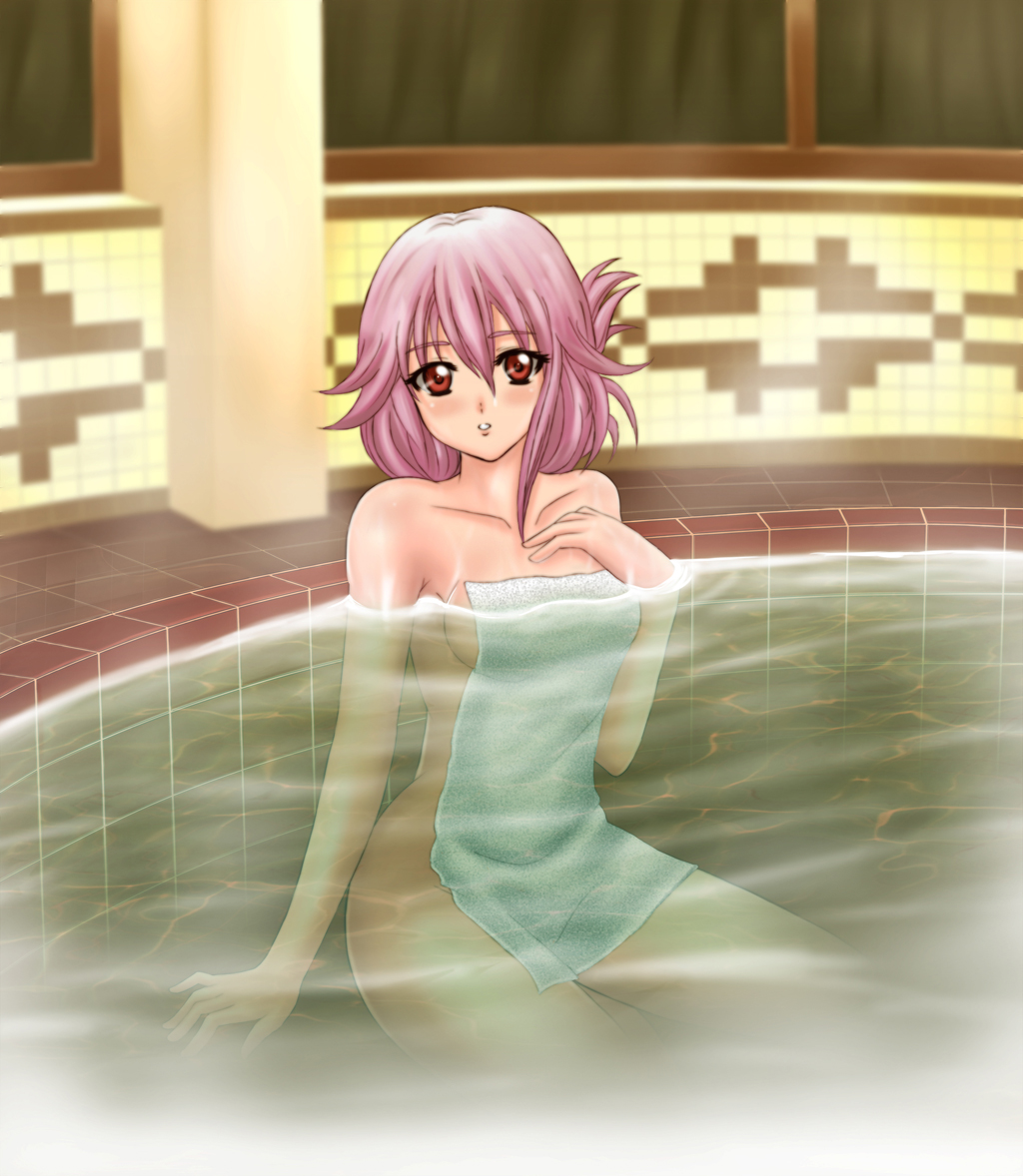 bare_shoulders bath bathroom breasts covering guilty_crown long_hair looking_at_viewer medium_breasts nude_cover open_mouth pink_hair red_eyes sawwei005 solo steam towel yuzuriha_inori