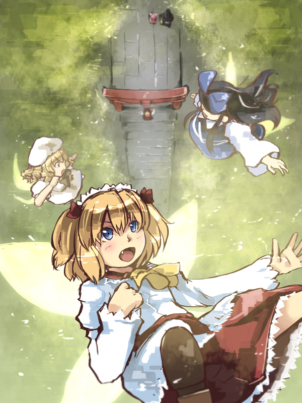 ascot bad_id bad_pixiv_id black_hair blonde_hair blue_eyes bow double_bun dress fairy_wings fang flying forest from_above hair_bow hakurei_reimu hand_on_own_chest hat headdress heiya ibaraki_kasen juliet_sleeves kirisame_marisa long_hair long_sleeves looking_away looking_back luna_child multiple_girls nature open_mouth path pink_hair puffy_sleeves road short_hair stairs star_sapphire sunny_milk torii touhou wings witch_hat