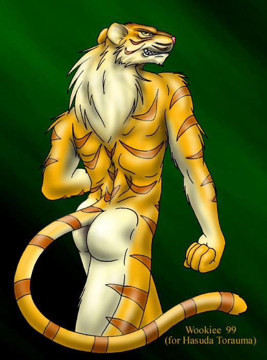 all_fours anthro back back_turned butt cutie_mark fangs feline fur grin hair long_hair looking_at_viewer looking_back male mammal nude open_mouth pink_nose solo standing stripes tails wookiee_(artist) yellow_eyes yellow_fur