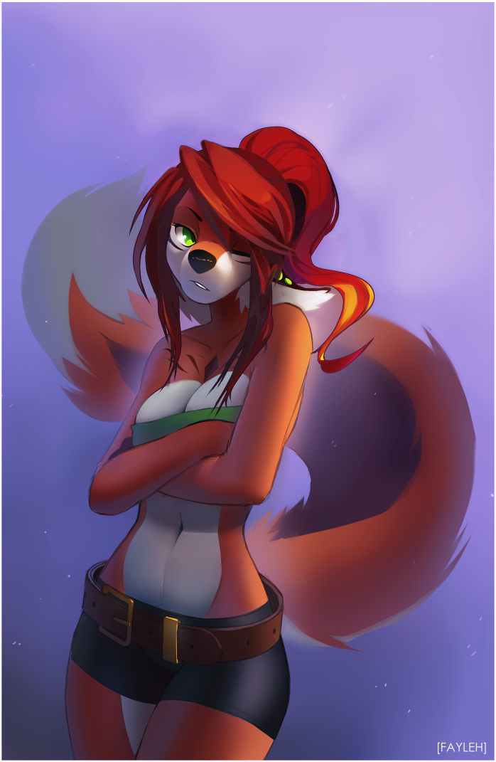 canine cleavage clothed clothing fayleh female fluffy_tail fox fur green_eyes hair looking_at_viewer mammal midriff one_eye_closed red_fur red_hair skimpy solo white_fur