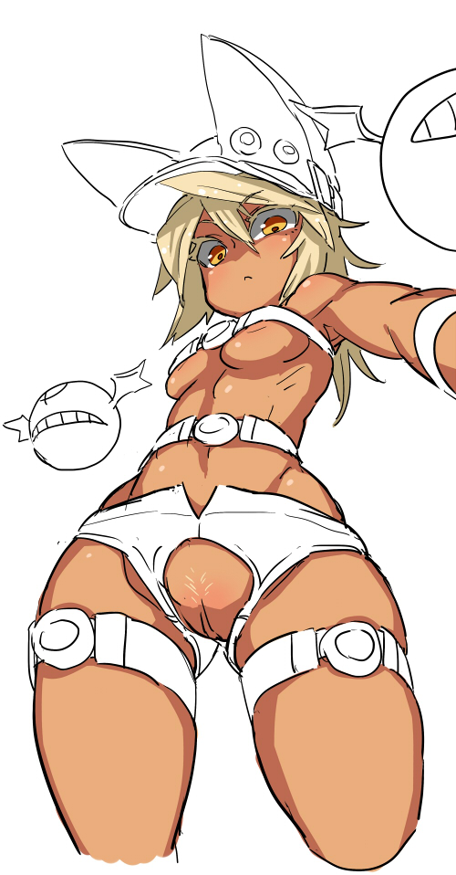 1girl :&lt; arc_system_works belt beltbra blonde_hair crotchless_clothes dark_skin familiar from_below functionally_nude guilty_gear guilty_gear_xrd hat long_hair looking_at_viewer lucifero pubic_hair pussy ramlethal_valentine short_shorts simple_background thigh_strap uncensored underboob white_background